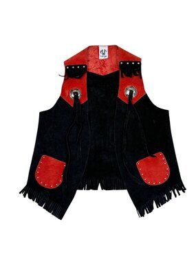 Vintage Kids Western Fringe Vest Childs Large Black Red Suede Cowboy Rodeo Vest
